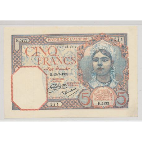 Algérie - 5 Francs - 13.07.1929 - TTB+