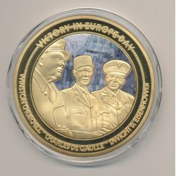 Médaille - Churchill, De Gaulle et Eisenhower - Collection 70e anniversaire fin de la 2e guerre mondiale - cuivre doré - 70mm