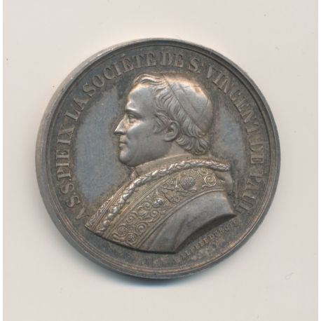 Médaille - Pi IX - Société st vincent de paul - 5 janvier 1855 - argent - 34mm - TTB+
