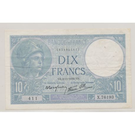 10 Francs Minerve bleu - 2.11.1939 - X.76193 - TTB+