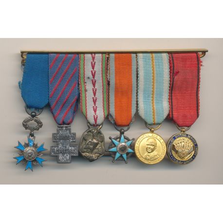 Barette 6 Décorations - ONM chevalier, France Libre, commemo 1939-45, mérite social chevalier et 2 médailles associations ancien