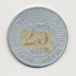25 Centimes 1920 - St Gaudens - syndicat du commerce - alu rond 30mm - TTB