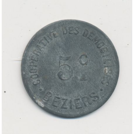 5 Centimes coopérative des démobilisés - Béziers - zinc rond 21,5mm - TTB