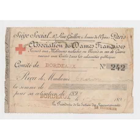 Croix rouge - Reçu du comité de Bordeaux - Association des Dames Françaises