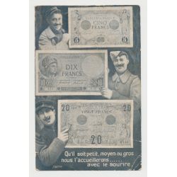 Carte postale - Soldats avec les billets de la banque de France