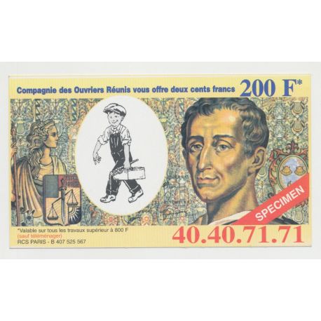 Billet publicitaire - 200 Francs Montesquieu - ouvriers reunis