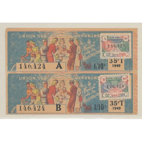 Billet Loterie - Souche 2 Tickets - Union des vendeurs - 1/10 1949
