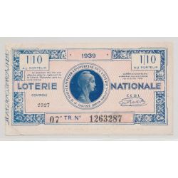 Billet Loterie nationale - 1/10 comptoir commercial des loteries Paris - 1939