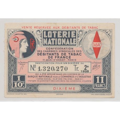 Billet Loterie nationale - Débitants de tabac de france - 1/10 - 11 Francs 1938