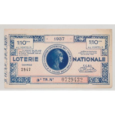 Billet Loterie nationale - 1/10e 1937 - comptoir commercial des loteries Paris