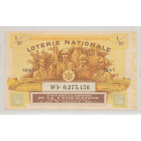 Billet Loterie nationale - Anciens combattants coloniaux - 1941