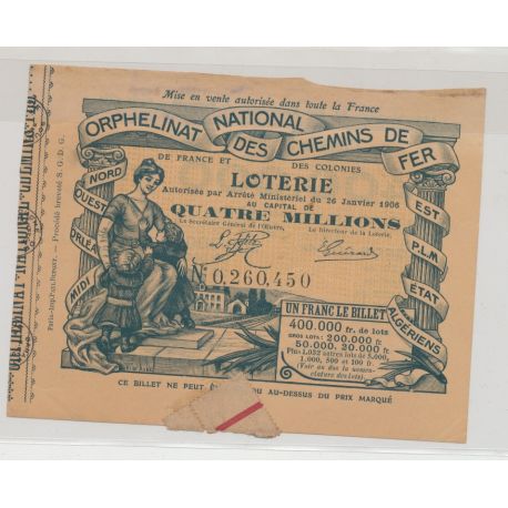 Billet Loterie - Orphelinat national des chemins de fer - 1906