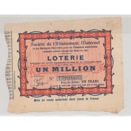 Billet Loterie - Société allaitement maternel - 1 Franc 1903