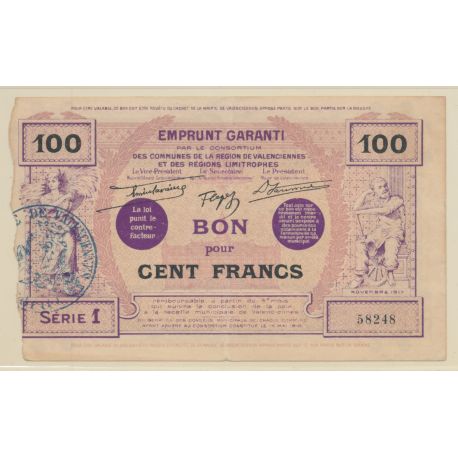 Dept59 - 100 Francs valenciennes 1917 - TTB