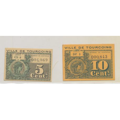 Lot 2 Billets carton - Ville de Tourcoing - 5 et 10 centimes - TTB+