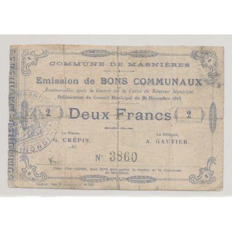 Dept59 - 2 Francs Masnières - 1914 - TB