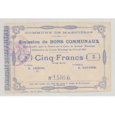 Dept59 - 5 Francs Masnières - 1915 - TB/TB+