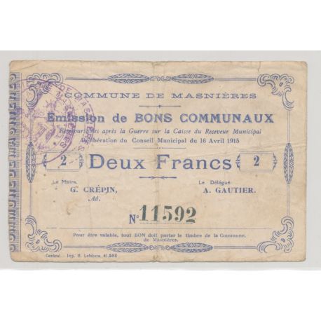 Dept59 - 2 Francs Masnières - 1915 - TB