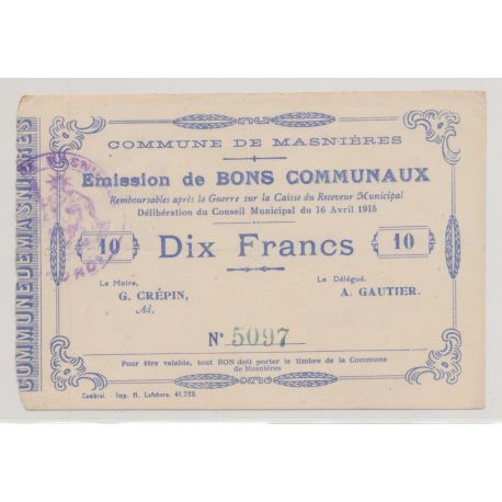 Dept59 - 10 Francs Masnières - 1915 - TTB