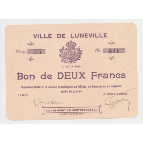Dept54 - 2 Francs Lunéville 1914 - SPL+