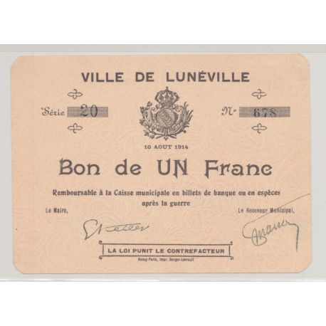 Dept54 - 1 Franc Lunéville 1914 - SUP
