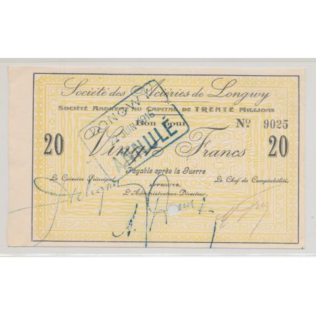 Dept54 - 20 Francs Société aciéries de Longwy - 1916 - SUP