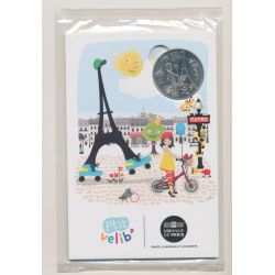 Médaille 34mm - Collection Pti Velib - enfant fille avec vélo et tour eiffel - Paris - 2016
