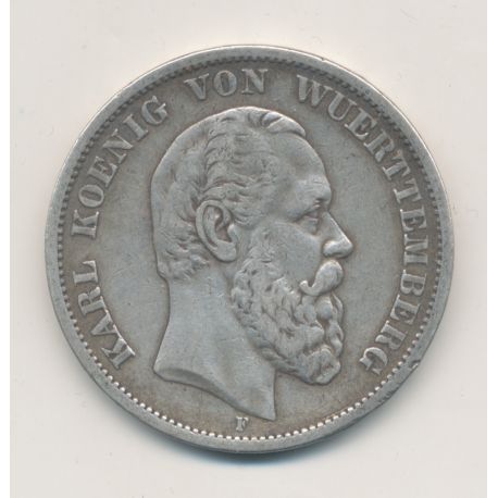 Allemagne - 5 Mark 1876 F Stuttgart - Württemberg - argent - TTB