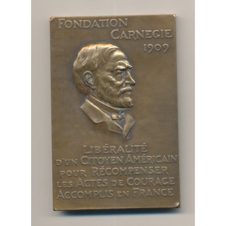 Plaquette - Fondation Carnegie 1909 - aux héros de la civilisation - bronze - TTB