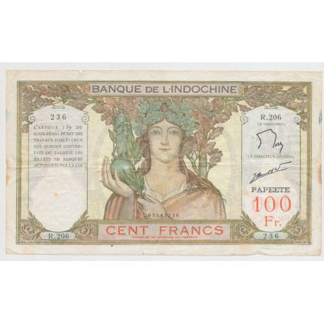 Billet - 100 Francs Angkor - Papeete - Banque de l'Indochine - TTB