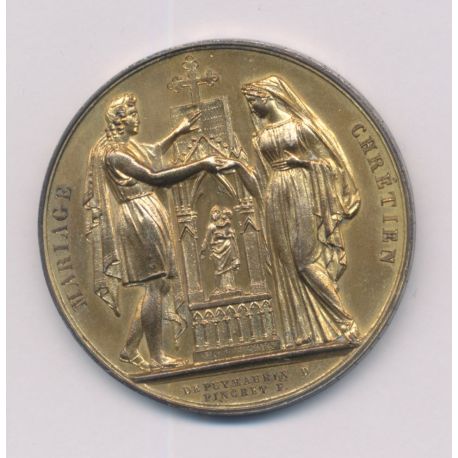 Médaille de mariage - couple et autel - en vermeil - gravure revers et tranche - SUP