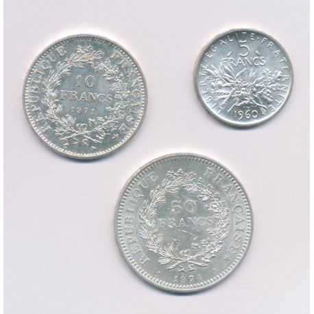 Lot 3 Monnaies Argent : 5F Semeuse et 10 et 50 Francs Hercule