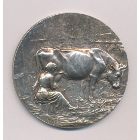 Médaille - Femme entrain de traire une vache - bronze argenté - 49mm - TTB