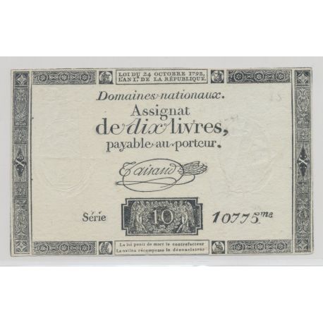 Assignat - 10 livres 1792 - Série 10 - TTB