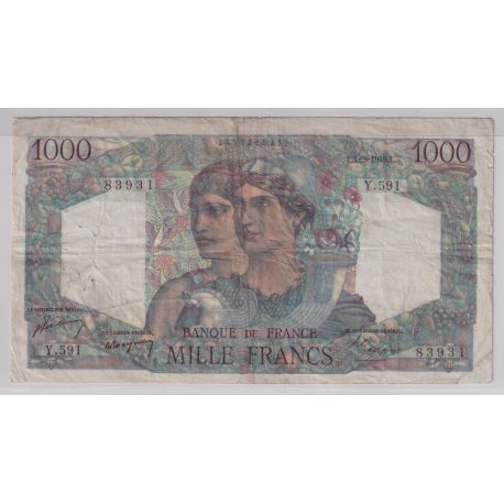 1000 Francs Minerve et hercule - 1.09.1949 - TTB