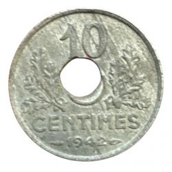Monnaie Fautée - 10 Centimes 1942 État Français - trou décalé - zinc - TTB+