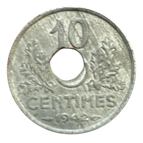 Monnaie Fautée - 10 Centimes 1942 État Français - trou décalé - zinc - TTB+