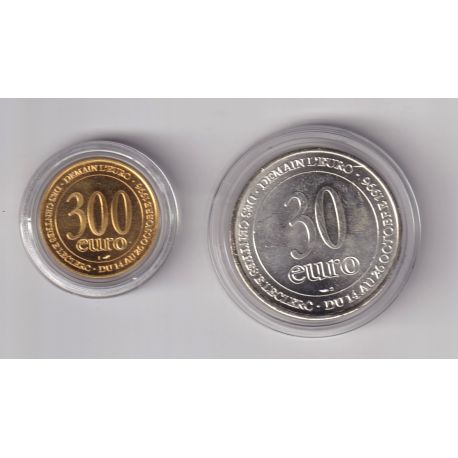 Lot 2 Monnaies - 300€ en or et 30€ argent - 1996 Leclerc Demain l'euro - UNC