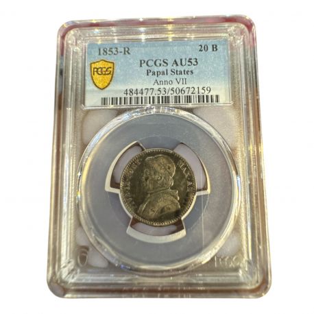Vatican - 20 Baiocchi 1853 R Rome - argent - PCGS AU53