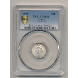 Semeuse - 50 Centimes - 1908 - PCGS MS65